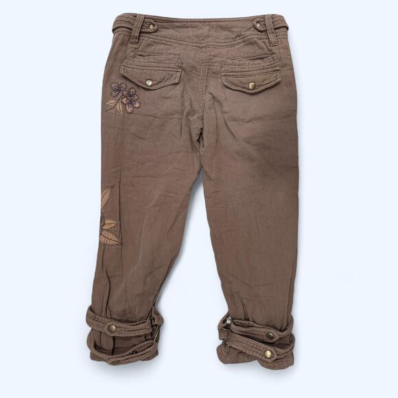 Y2K Grunge MNG Mango Brown Cargo Capri Pants Floral Embroidery Buckle Hem Size 2 - Picture 3 of 8